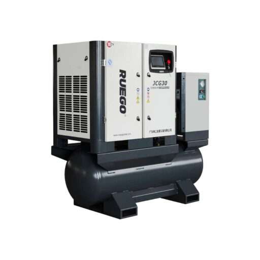Integrated laser cutting screw air compressor by RUEGO, combining a compressor, dryer, air tank, and filters for precise and efficient air supply.