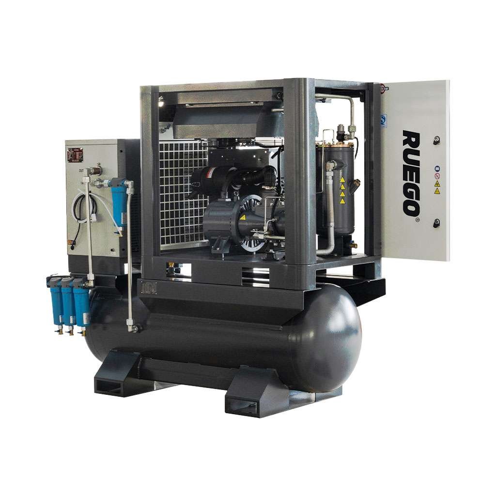 Internal components of RUEGO laser cutting screw air compressor, showcasing energy-efficient design and integrated systems for laser cutting applications.