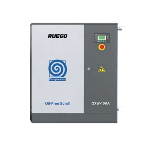 Безмасляный спиральный воздушный компрессор RUEGO OXW-10HA, обеспечивающий надежный и экологически чистый сжатый воздух для промышленного применения.