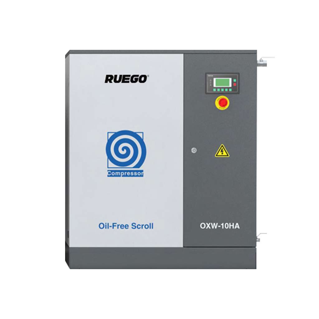 Compresor de aire scroll exento de aceite RUEGO OXW-10HA, que proporciona aire comprimido fiable y ecológico para aplicaciones industriales.