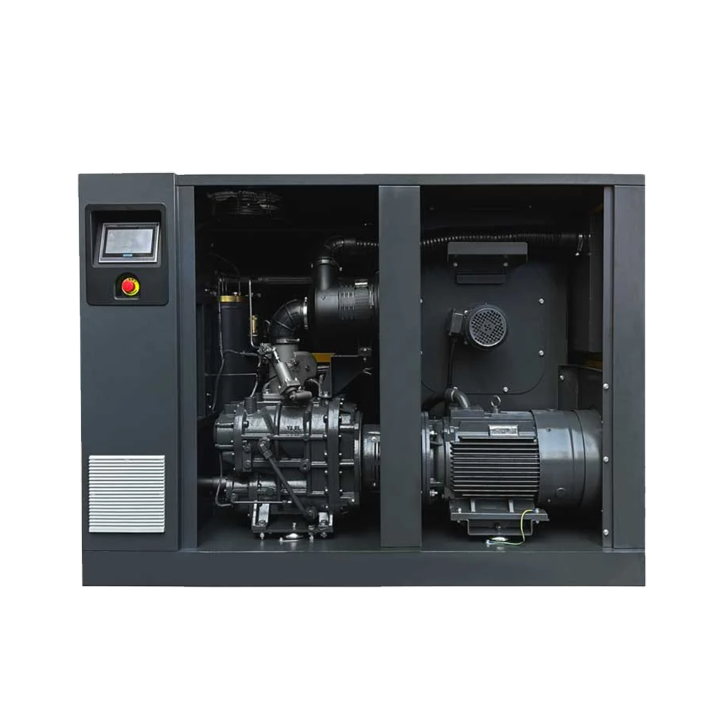 Front view of a two-stage screw air compressor with the chassis panel opened, showing the internal structure.