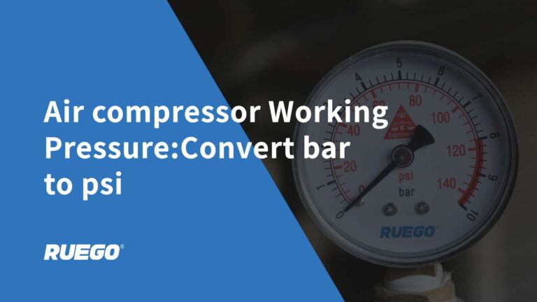 Air compressor pressure gauge showing bar to psi conversion, RUEGO brand guide for converting bar to psi, ideal for air compressor pressure calculations and tutorials.