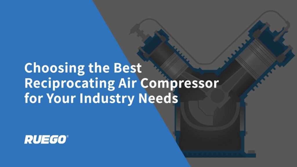 Illustration of a reciprocating air compressor with two pistons, showing the process of compressing air.