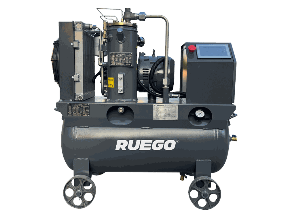 RUEGO Small Series tank-mounted compact screw air compressor front view