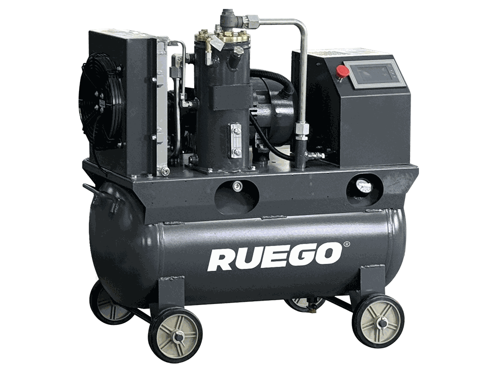 RUEGO Small Series compact screw air compressor with integrated air tank three-quarter view