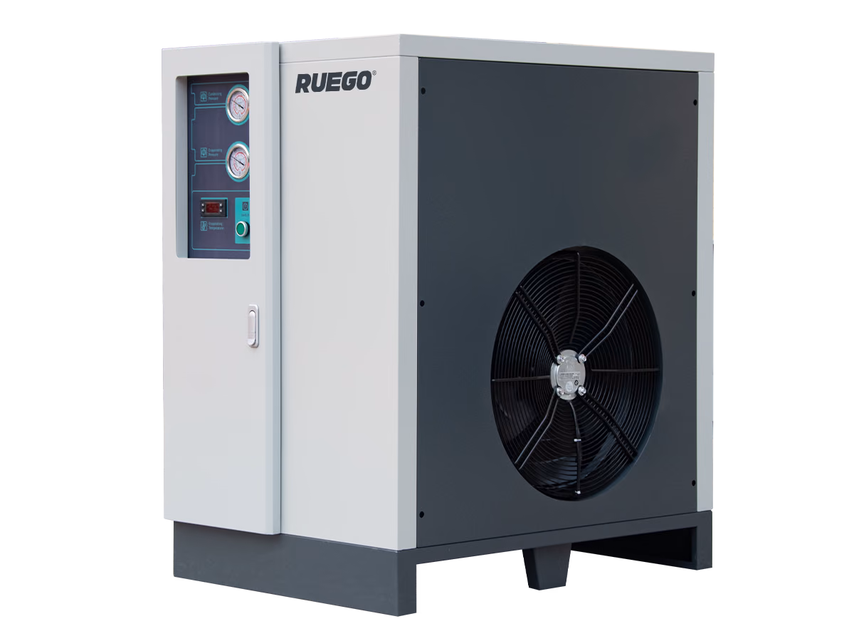 RUEGO DS115V refrigerated air dryer, three-quarter view showing the control panel and side cooling fan