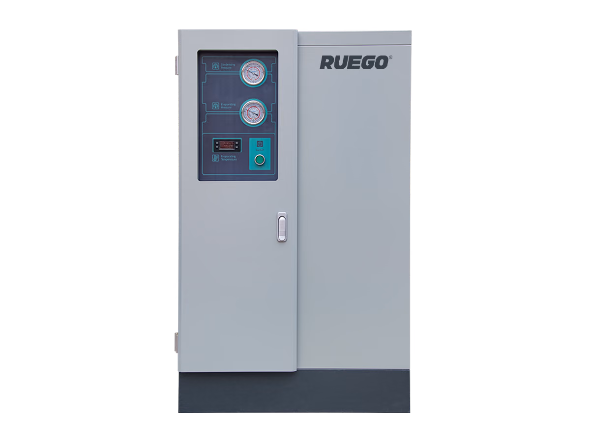 Front view of the RUEGO DS115V refrigerated air dryer with controls and cabinet door