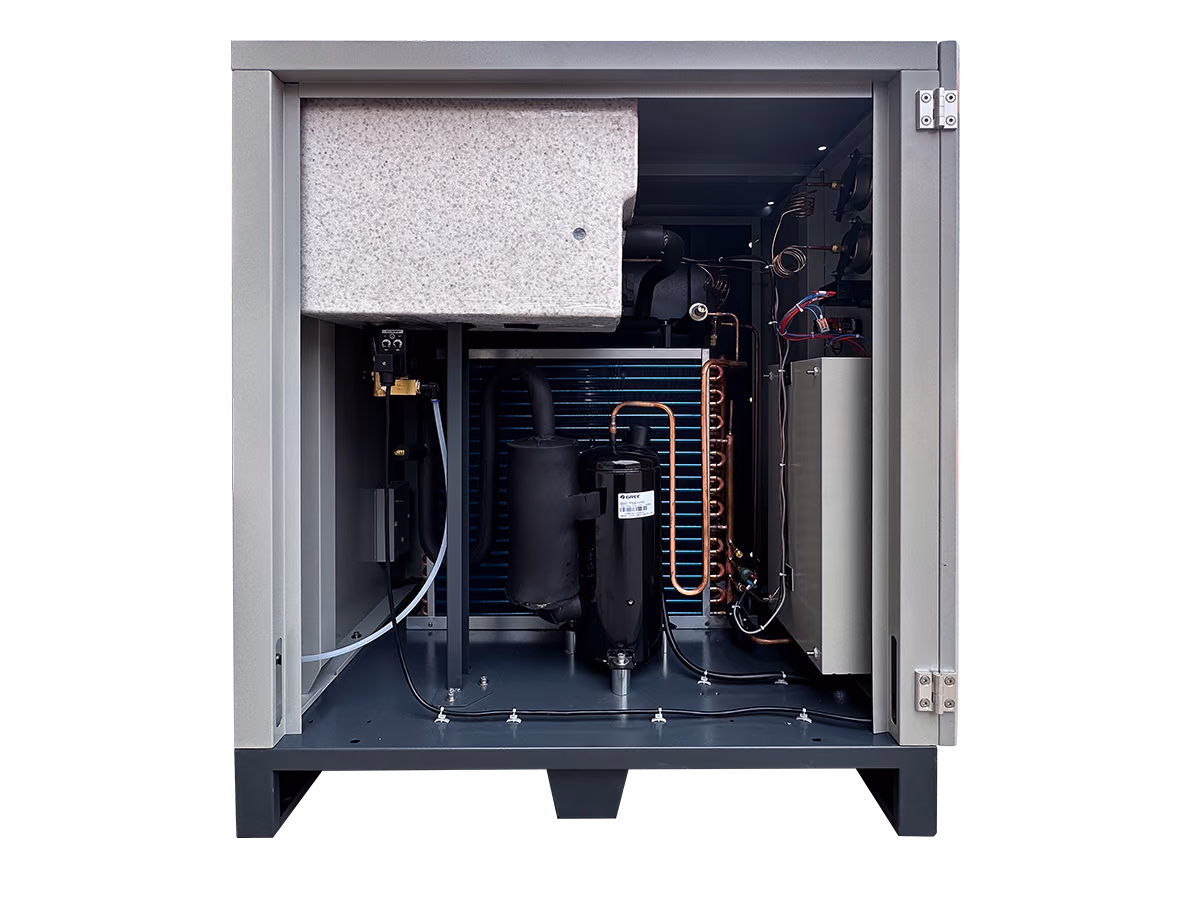 RUEGO DS115V refrigerated air dryer with the cabinet open, showing the heat exchanger, compressor and internal piping
