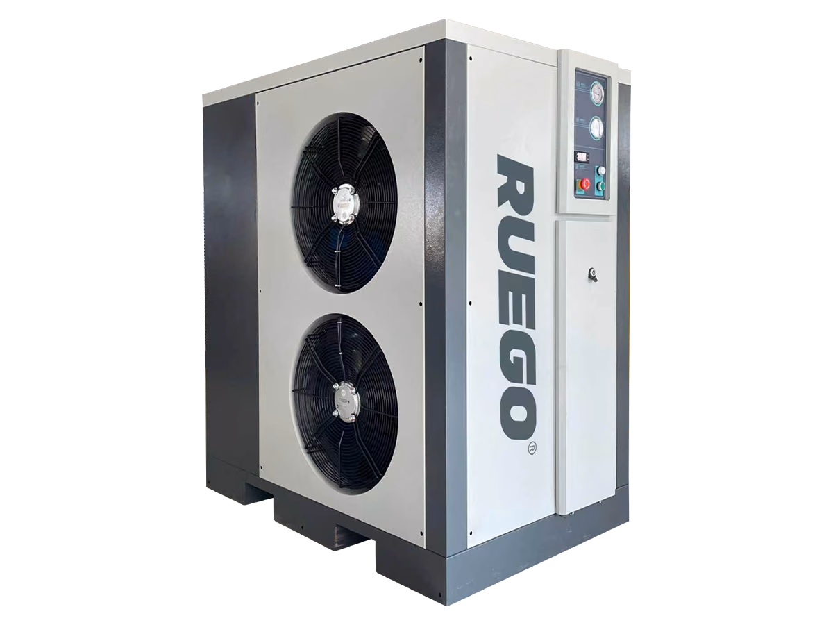 RUEGO DS350VH refrigerated air dryer, front three-quarter view showing twin cooling fans and the control panel