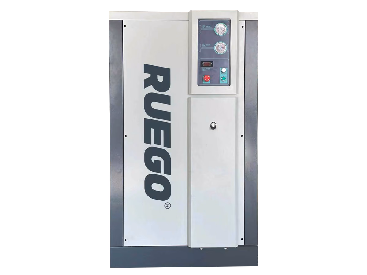 Front view of the RUEGO DS350VH refrigerated air dryer with pressure gauges, display and cabinet door