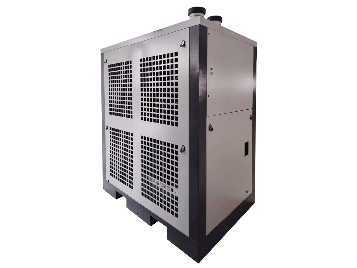RUEGO DS350VH refrigerated air dryer, rear three-quarter view showing ventilation panels and top pipe connections