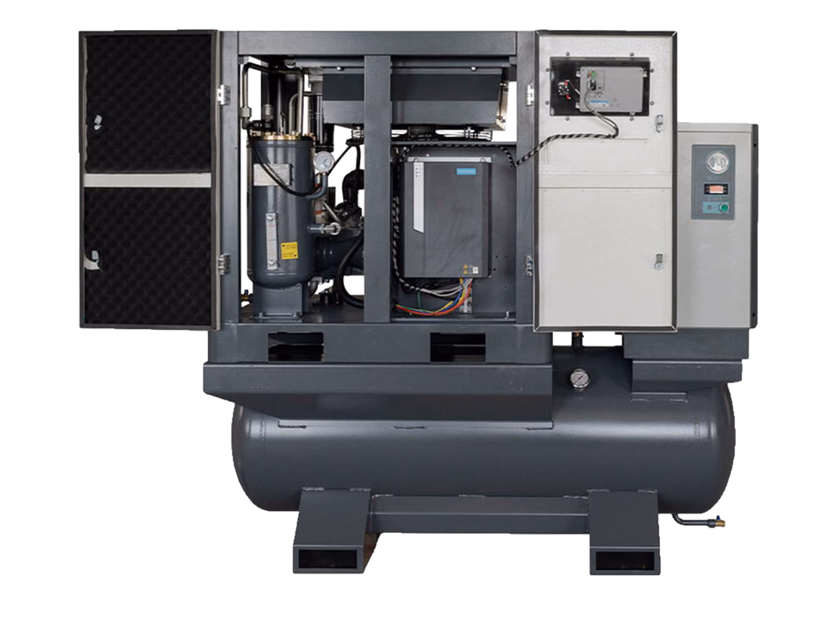 RUEGO JCG integrated screw air compressor open-cabinet internal structure view