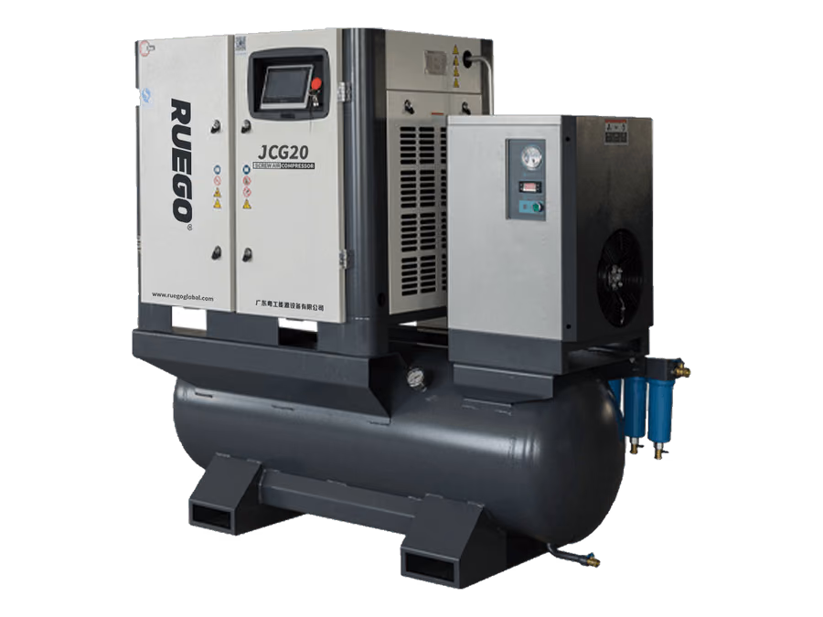 JCG20 integrated screw air compressor with dryer and tank three-quarter view