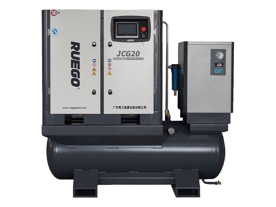 RUEGO JCG20 integrated screw air compressor with dryer and tank front view