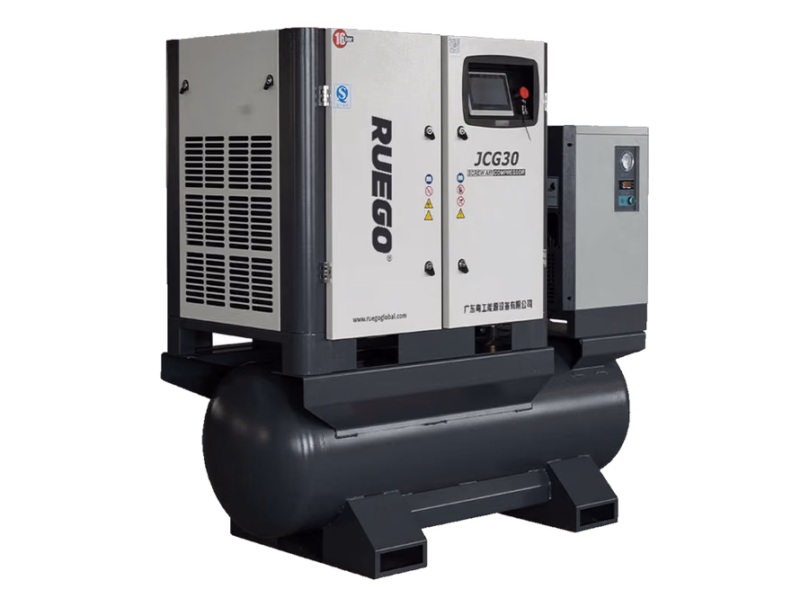 RUEGO JCG30 integrated screw air compressor with dryer and tank three-quarter view