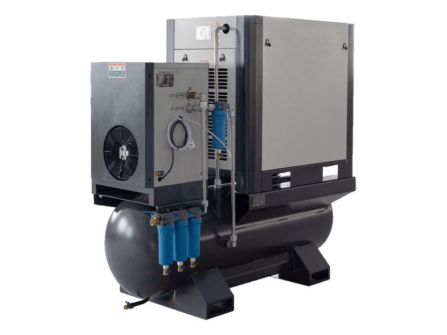 RUEGO JCG30 integrated screw air compressor rear three-quarter view with dryer and filters