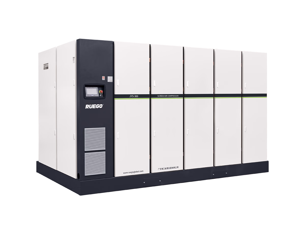 RUEGO JYS300HL 220 kW low-pressure large-flow screw air compressor three-quarter view