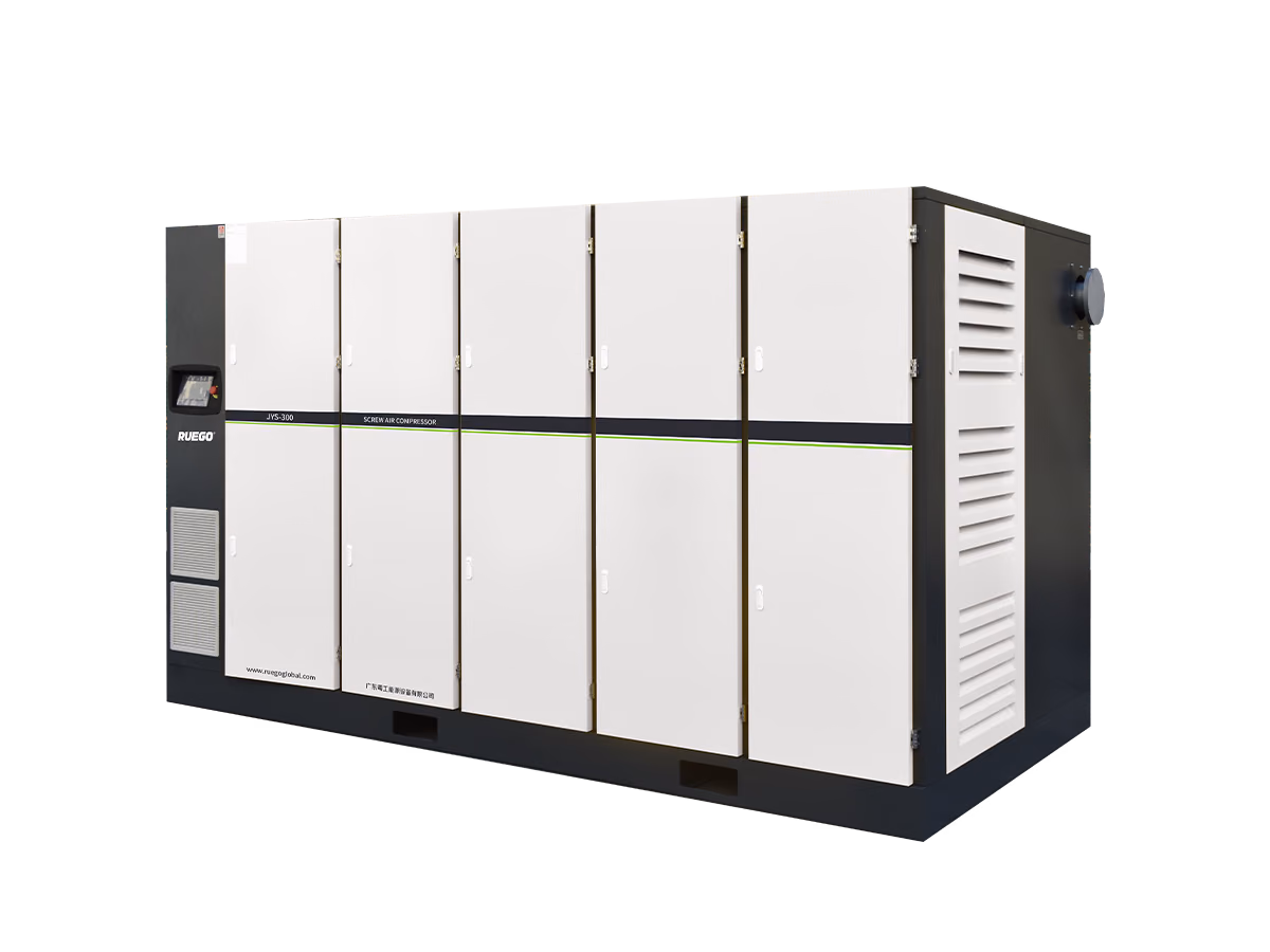 RUEGO JYS300HL 220 kW 5 bar low-pressure large-flow two-stage screw air compressor, side three-quarter view