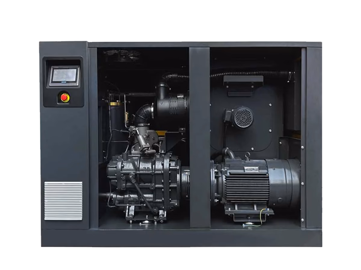 RUEGO JYS50HA 37 kW two-stage screw air compressor open-cabinet internal structure view
