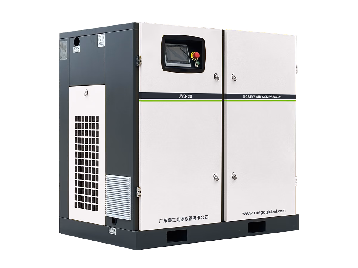 RUEGO JYS-HA two-stage screw air compressor three-quarter view