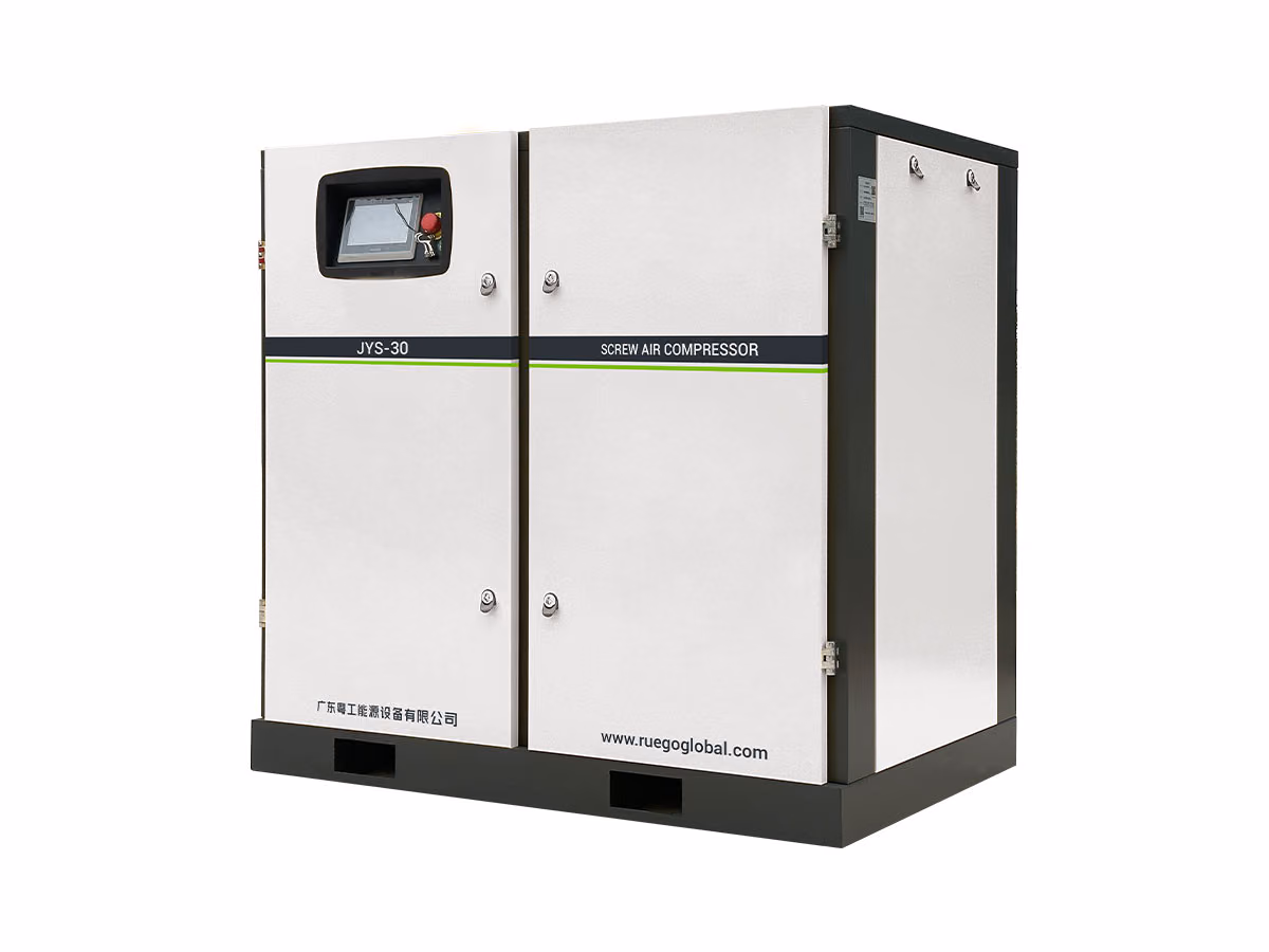 RUEGO JYS-HA two-stage screw air compressor front three-quarter view on white background