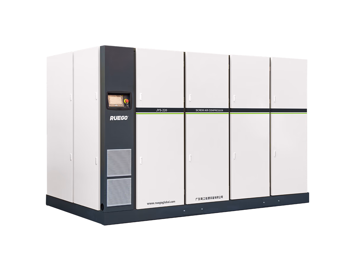 RUEGO JYS-HL low-pressure large-flow screw air compressor side three-quarter view