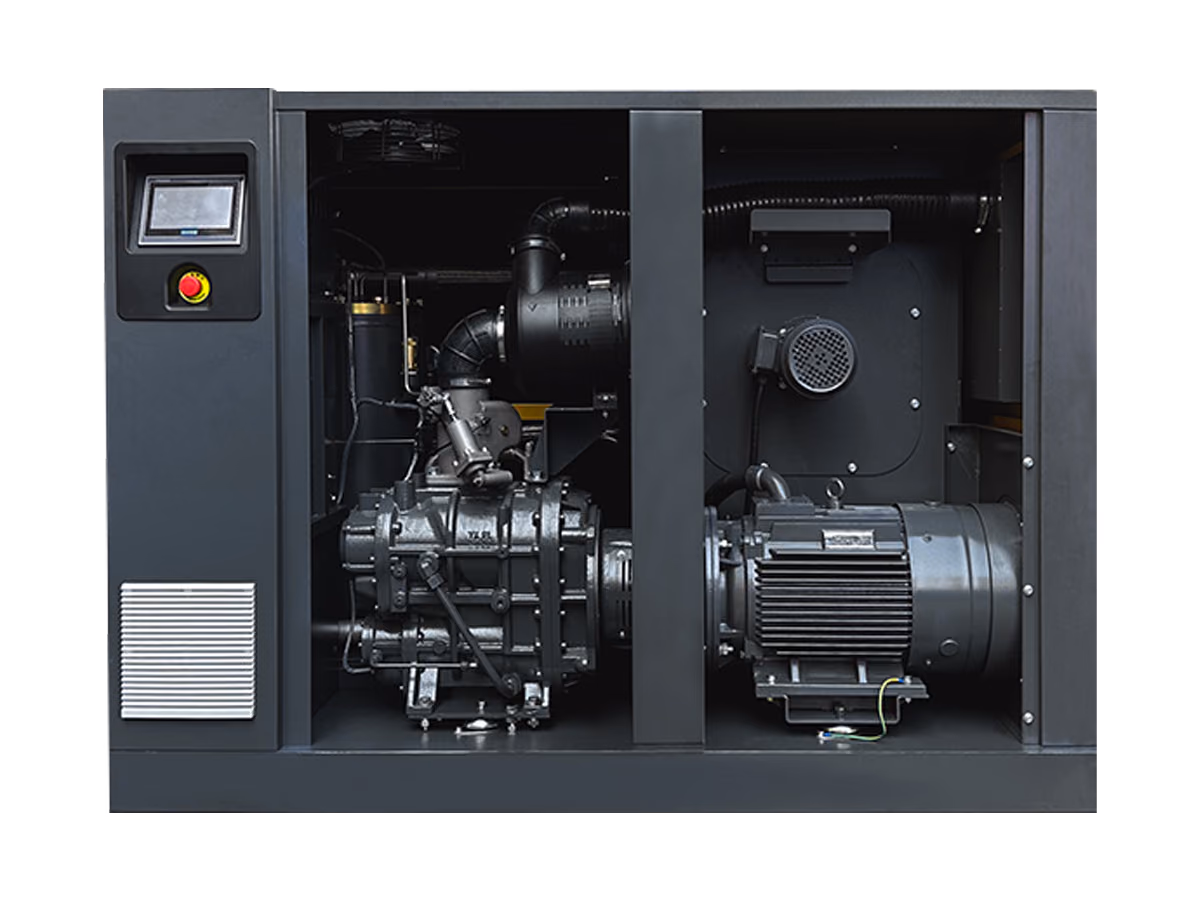 RUEGO JYS-HL 37 kW screw air compressor open-cabinet internal structure front view