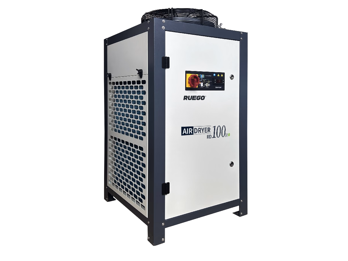 RUEGO RD-100H plate-fin refrigerated air dryer showing the front cabinet, side grille and top cooling fan