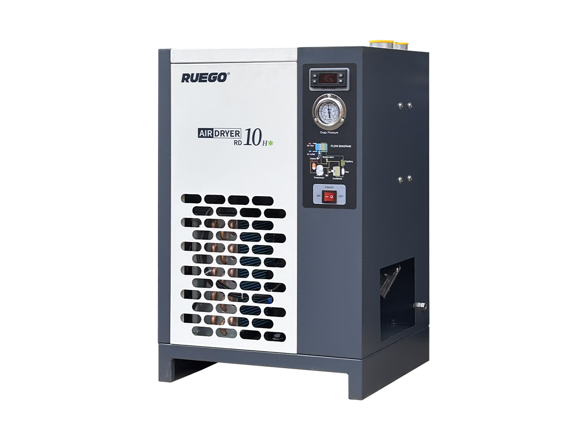RUEGO RD-10H plate-fin refrigerated air dryer showing the front controls and side ventilation opening