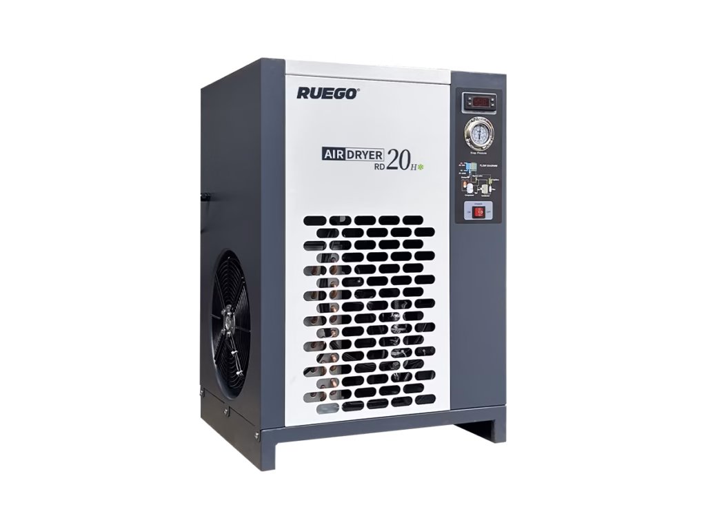 RUEGO RD-20H plate-fin refrigerated air dryer showing the front control panel and side cooling fan