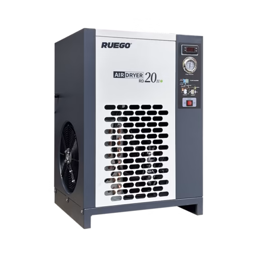 RUEGO RD-20H plate-fin refrigerated air dryer showing the front control panel and side cooling fan
