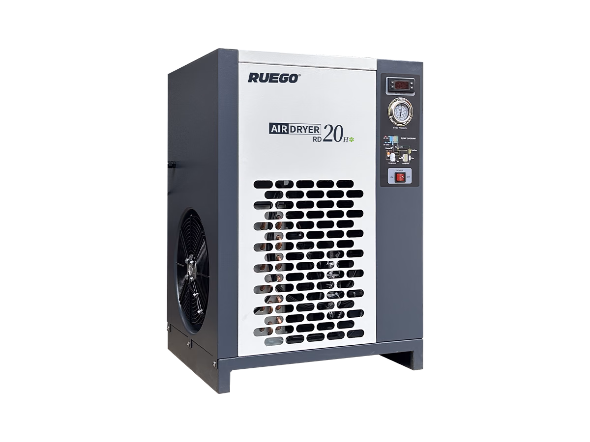 RUEGO RD-20H plate-fin refrigerated air dryer showing the front control panel and side cooling fan